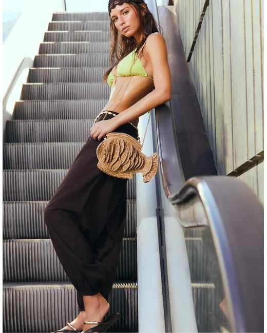Stradivarius Gray Fish-Shaped Raffia Crossbody Bag