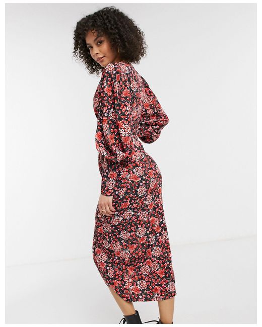 TOPSHOP Tall Ruched Front Midi Dress in Red | Lyst UK