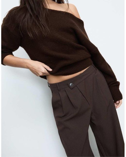 Stradivarius Brown Casual Striped Smart Trousers With Crossover Waist