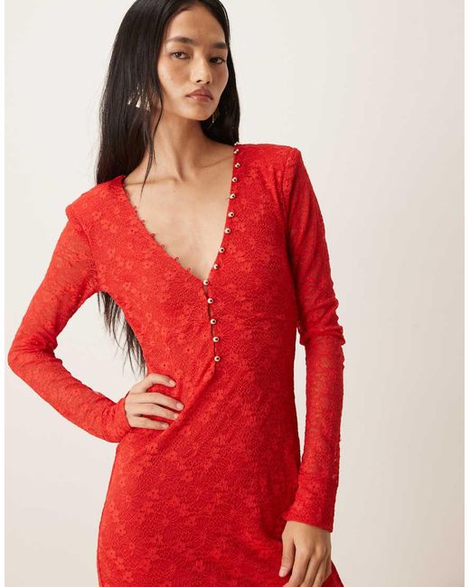 Bardot Red Zenia Lace Overlay Plunge Button Detail Long Sleeve Midi Dress