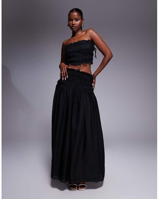 Wanderdoll Blue Soulie Linen Look Ruffle Trim Tie Detail Shirred Dropped Waist Maxi Skirt Co-ord