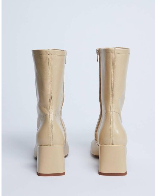 TOPSHOP Natural Sara Premium Leather Square Toe Flared Heel Boots