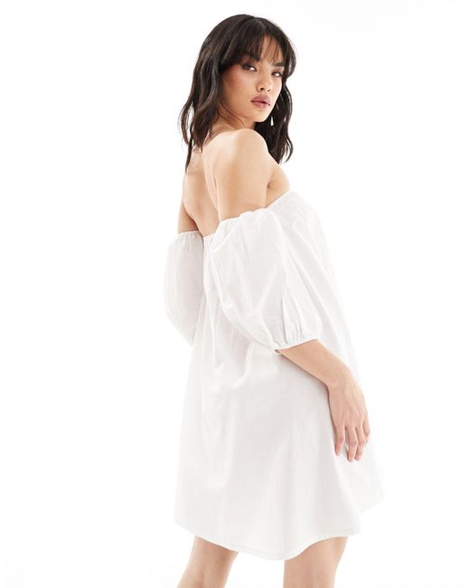 esmé studios White Esmee Off Shoulder Mini Puff Long Sleeve Beach Dress