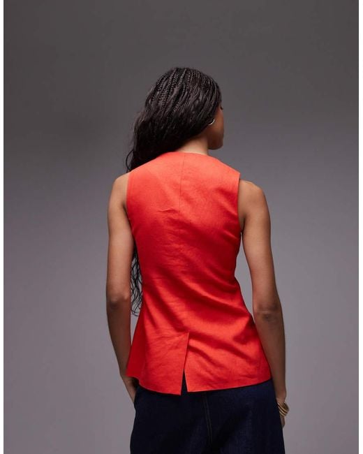 TOPSHOP Red Linen Longline Fitted Waistcoat With Pockets