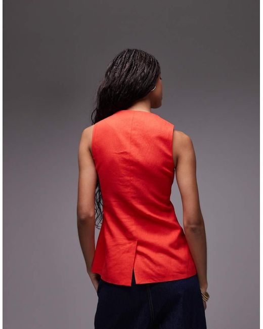 TOPSHOP Red Linen Longline Fitted Waistcoat With Pockets