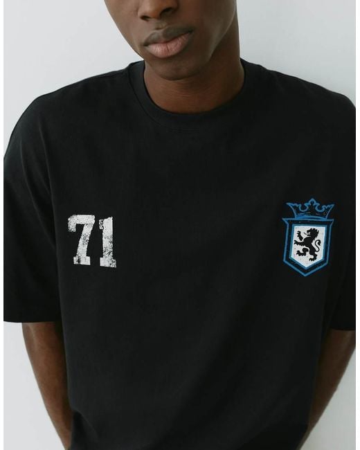 Pull&Bear Black Stwd Boxy-fit Lion Graphic T-shirt for men