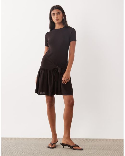 Mango Black Short Sleeve Tie Waist Mini Dress