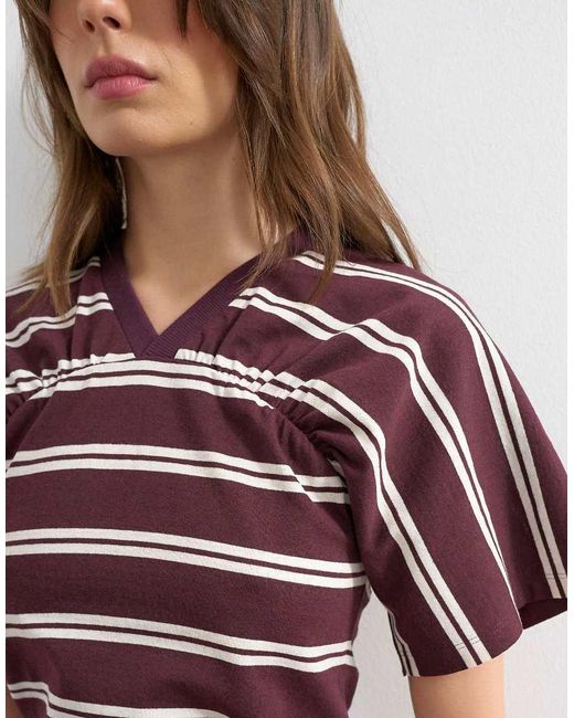 TOPSHOP Red Gather Yoke Seam Short Sleeve Top Burgundy Stripe