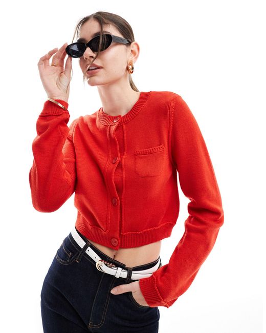 ASOS Red Crew Neck Cropped Cardigan With Pocket
