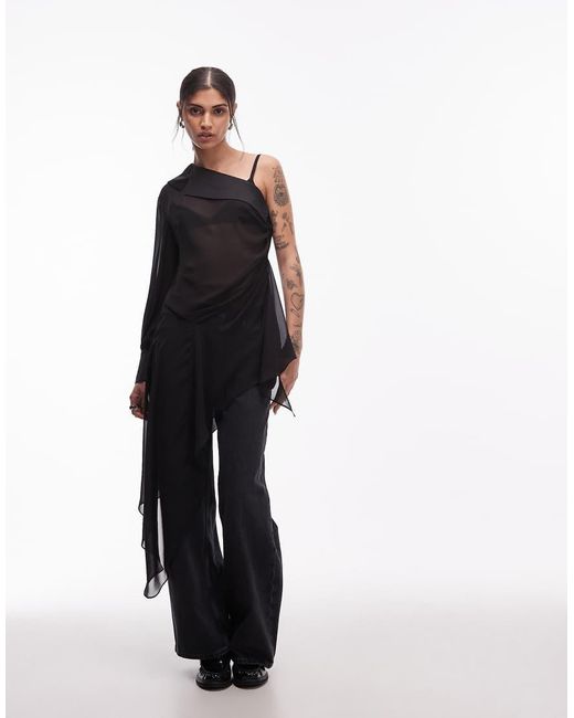 AllSaints Black Anaya One Sleeve Off Shoulder Asymmetric Ruffle Top