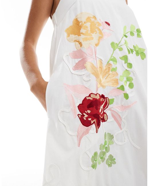 ASOS White Embroidered Floral Square Neck Midi Dress