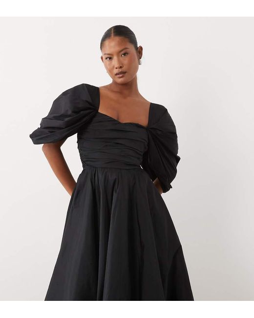 LACE & BEADS Black Taffeta Puff Sleeve Sweetheart Neck Gown