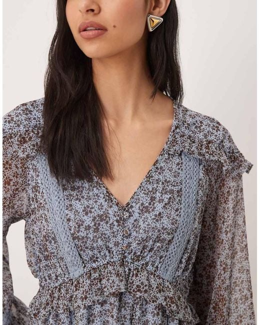 Wednesday's Girl Gray Long Sleeve Floaty Ditsty Print Midaxi Dress