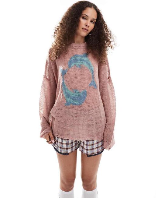 The Ragged Priest Pink Oversized Open Knit Dolphin Knitted Jumper