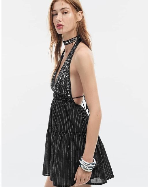 Stradivarius Black Beaded Short Halter Dress