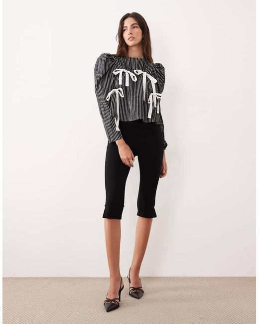 Top A Quadri Misto Cotone Arricciato Con Fiocchi di Ghospell in Black