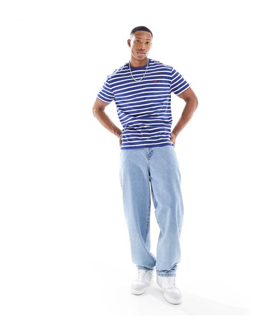Polo Ralph Lauren Blue Icon Logo Stripe T-shirt Classic Oversized Fit for men