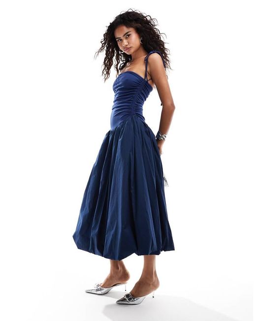 Amy Lynn Blue Alexa Shoulder Tie Puffball Midi Dress
