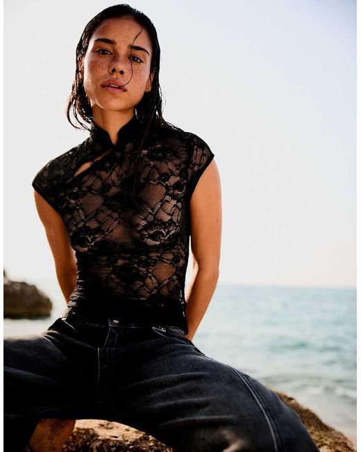 Bershka Black Lace Top With Clasp