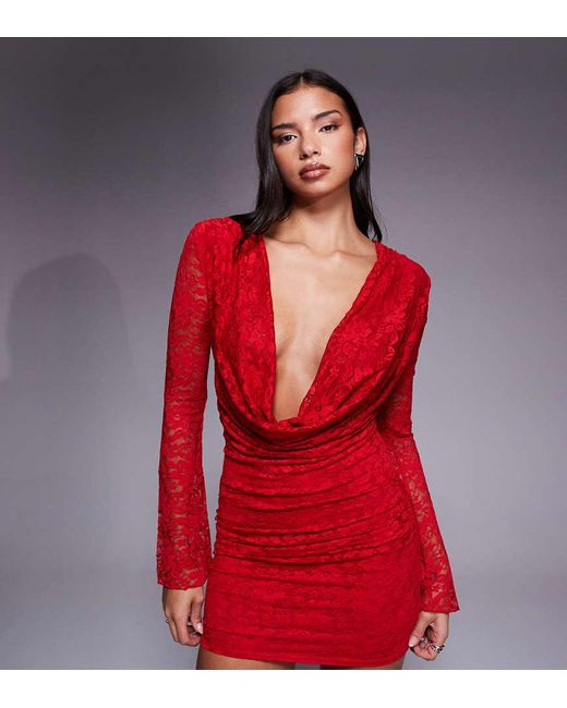 Kaiia Red Exclusive Lace Cowl Neck Flare Sleeve Bodycon Mini Dress
