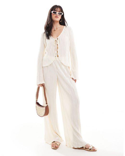 Pieces White Mix And Match Plisse Wide Leg Trouser Co-ord
