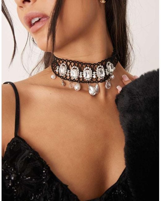 ASOS Black Limited Edition Choker Necklace With Lace Crystal And Faux Pearl Drop Detail