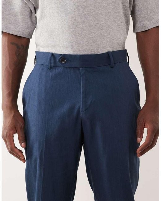 ASOS Blue 100% Cotton Linen Look Slim Suit Pants for men