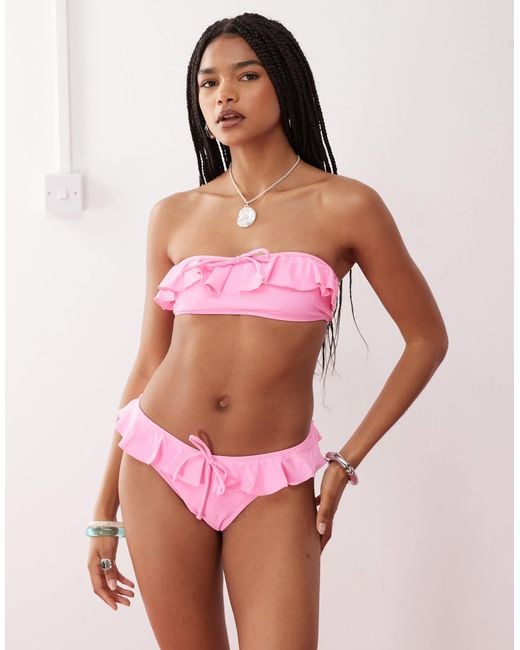 Reclaimed (vintage) Pink Bandeau Bikini Top With Ruffles And Tie Front