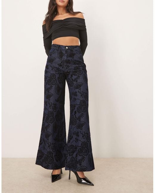 ASOS Blue Relaxed Flare Jean With Paisley Flock