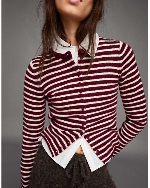 Bershka Red Striped Knit Cardigan