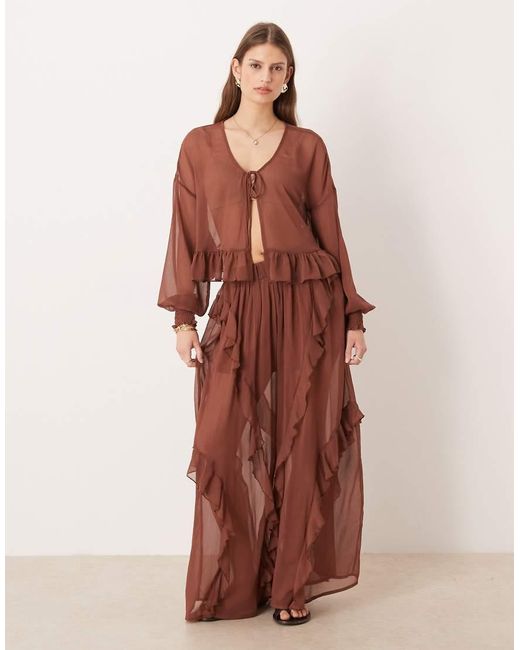 Glamorous Brown Boho Crinkle Style Tie Front Blouse