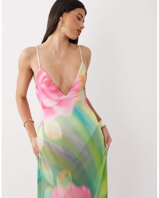 AFRM White Rivka Printed Mesh Inbuilt Bodysuit Detail Plunge Neck Maxi Dress