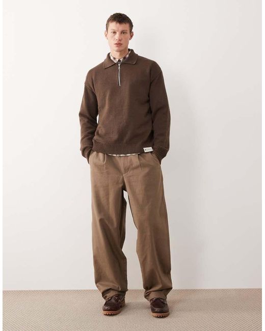 CAT WWR Brown 1/4 Zip Loose Fit Knit Polo for men