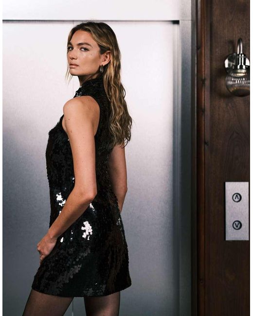 & Other Stories Black Sequins Mini Dress With Keyhole Collar