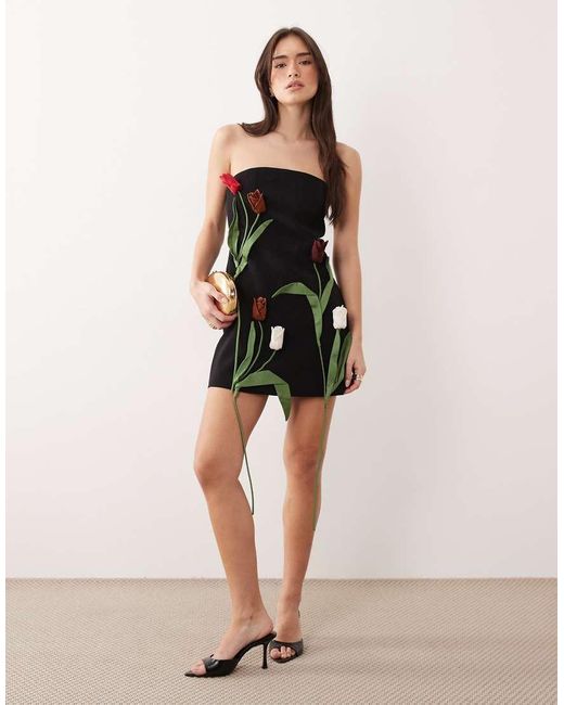 JW PEI Natural Bandeau 3D Tulip Floral Applique Tailored Mini Dress