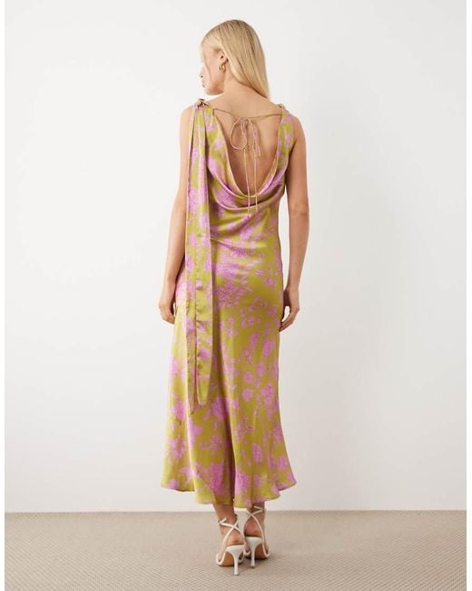 Hope & Ivy Natural Satin Cowl Neck Scarf Midi Dress