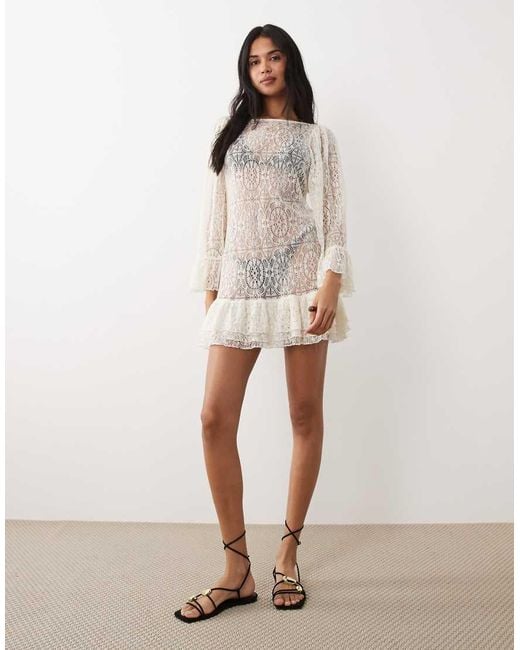Miss Selfridge Natural Beach Lace Puff Sleeve Ruffle Mini Dress Cover Up
