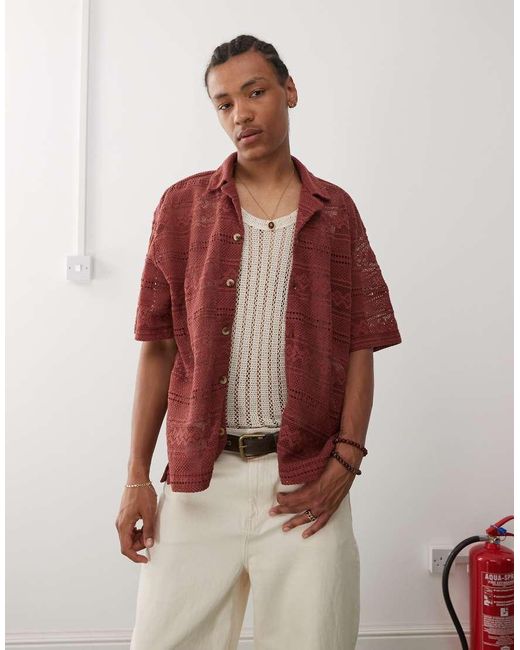 Reclaimed Vintage Red Limited Edition Short Sleeve Crochet Lace Shirt