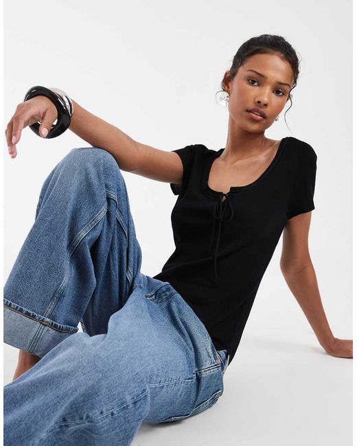 & Other Stories Black Short Sleeve T-Shirt With Low Neckline And Bow Detail
