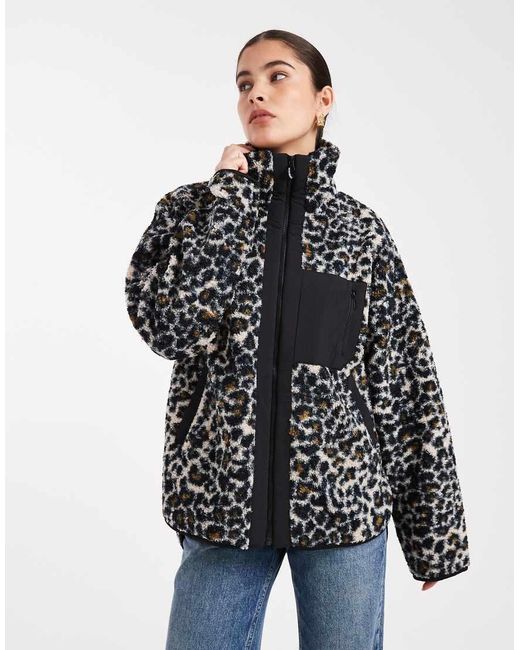 South Beach Black Printed Borg Zip Jacket With Pocket