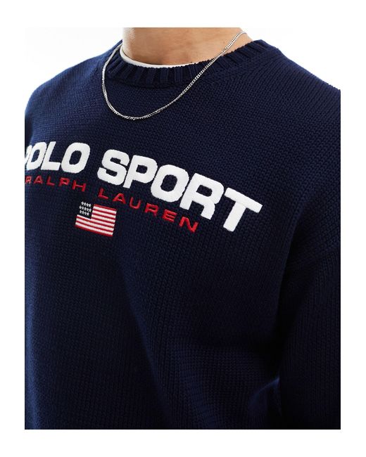 Polo Ralph Lauren Blue Sport Capsule Logo Cotton Knit Jumper Big Oversized Fit for men