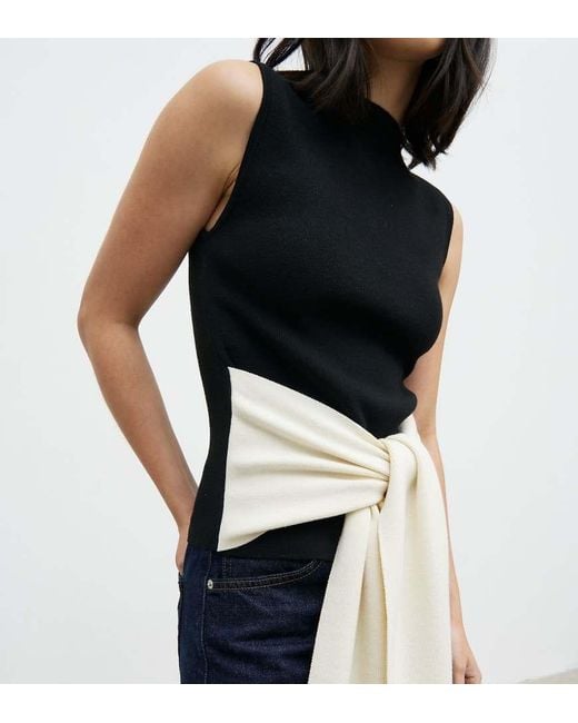 Pretty Lavish Black Ribbed Knit Sleeveless Contrast Tie Waist Detail Top