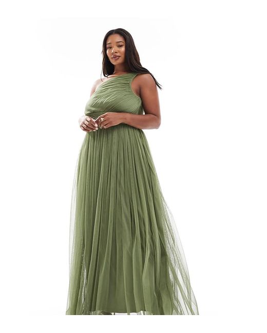 Vestito Lungo Monospalla Color Oliva Tenue di Lace & Beads Plus in Green