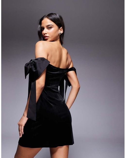 Kaiia Black Exclusive Velvet Off Shoulder Oversized Bow Detail Mini Dress