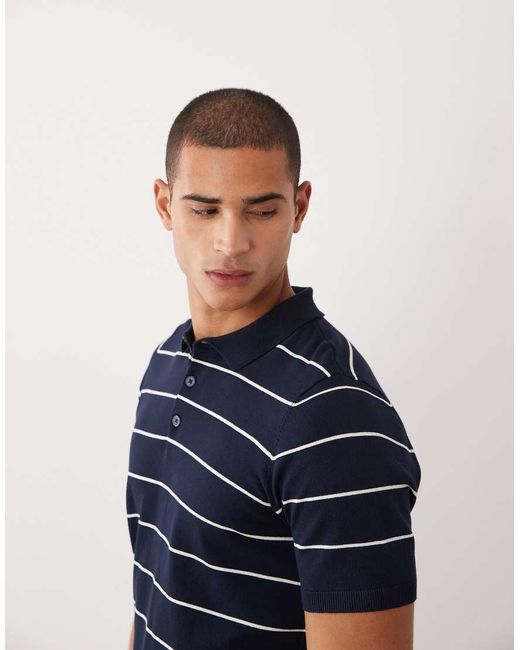Threadbare Blue Knitted Short Sleeve Stripe Polo Shirt for men
