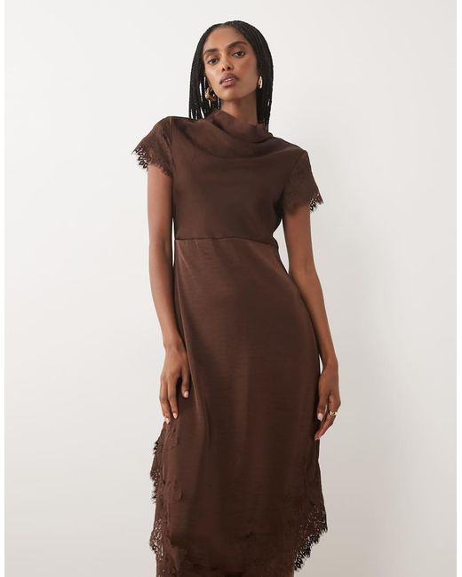 Vero Moda Brown Cap Sleeve Lace Skirt Detail Satin Maxi Dress