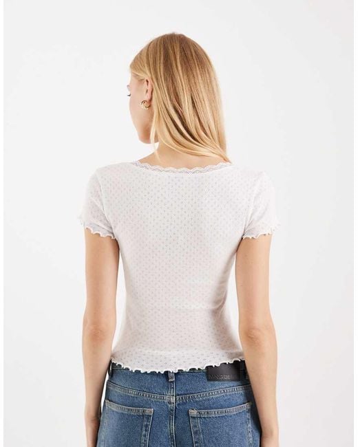 Miss Selfridge White Pointelle Square Neck Lace Trim Tee