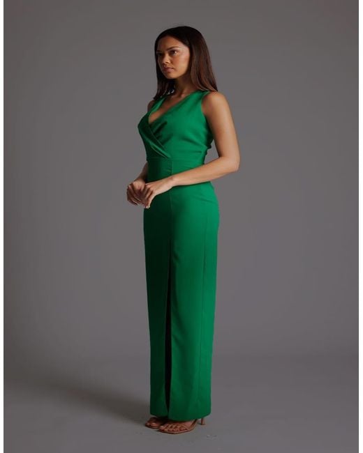 Vesper Green Wrap Front Maxi Dress With Thigh Split