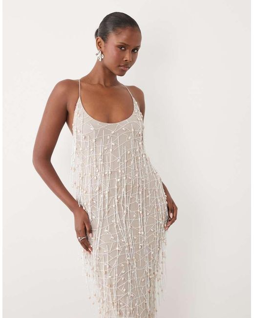 ASOS Natural Pearl Fringe Tassel Maxi Dress