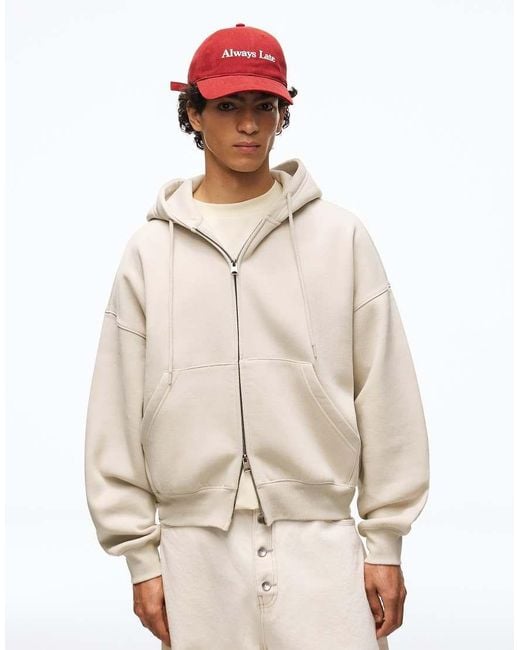 Bershka Natural Boxy Zip-up Hoodie for men